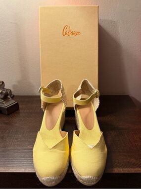Castaner Yellow Canvas Ankle-Strap Wedge Espadrilles with Jute Heel